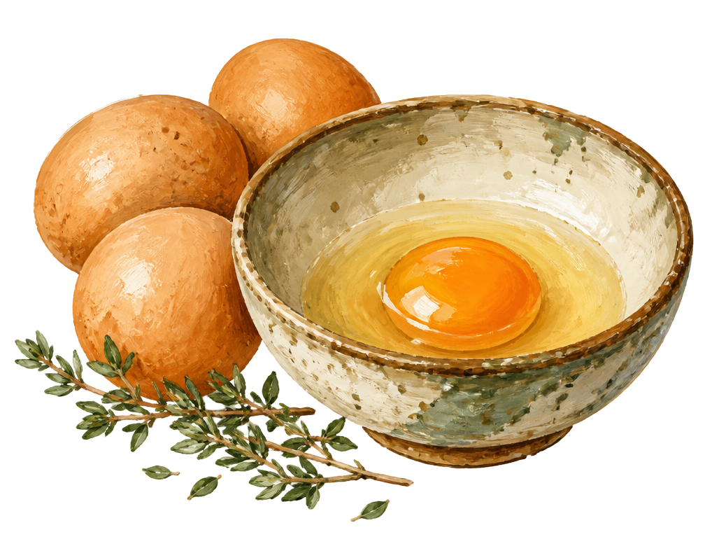 Painterly illustration of a cracked egg in a rustic bowl beside whole brown eggs and herbs