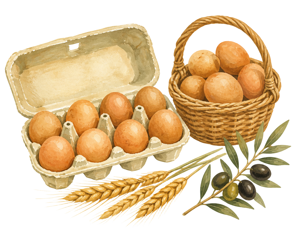 Painterly illustration of an egg carton, a basket of brown eggs, wheat stalks and an olive branch