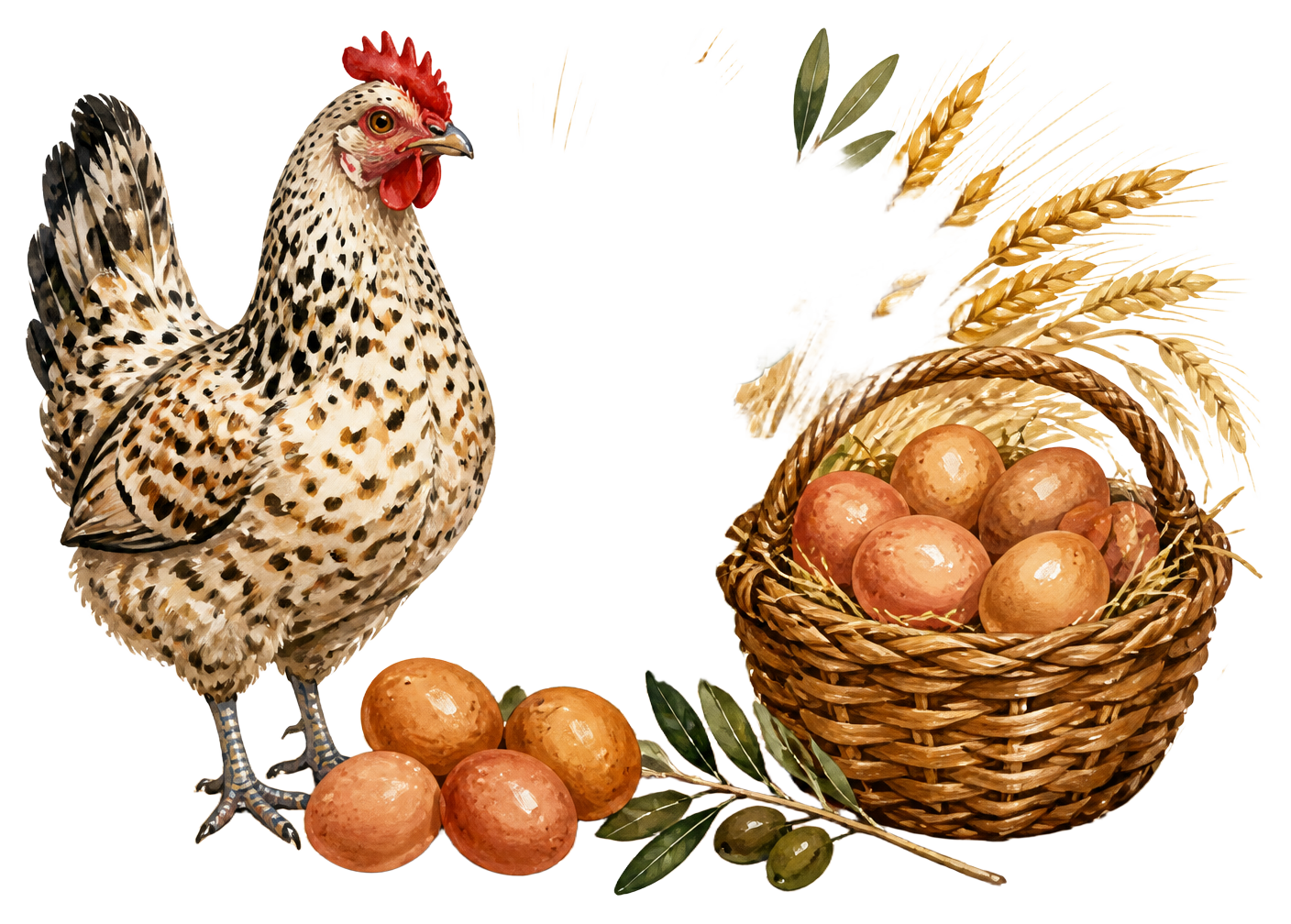 Painterly illustration of a Fayoumi hen with brown eggs and a woven basket