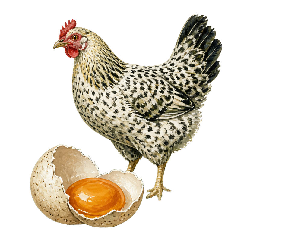 Painterly illustration of a speckled Fayoumi hen in a field beside a cracked egg and wheat stalks