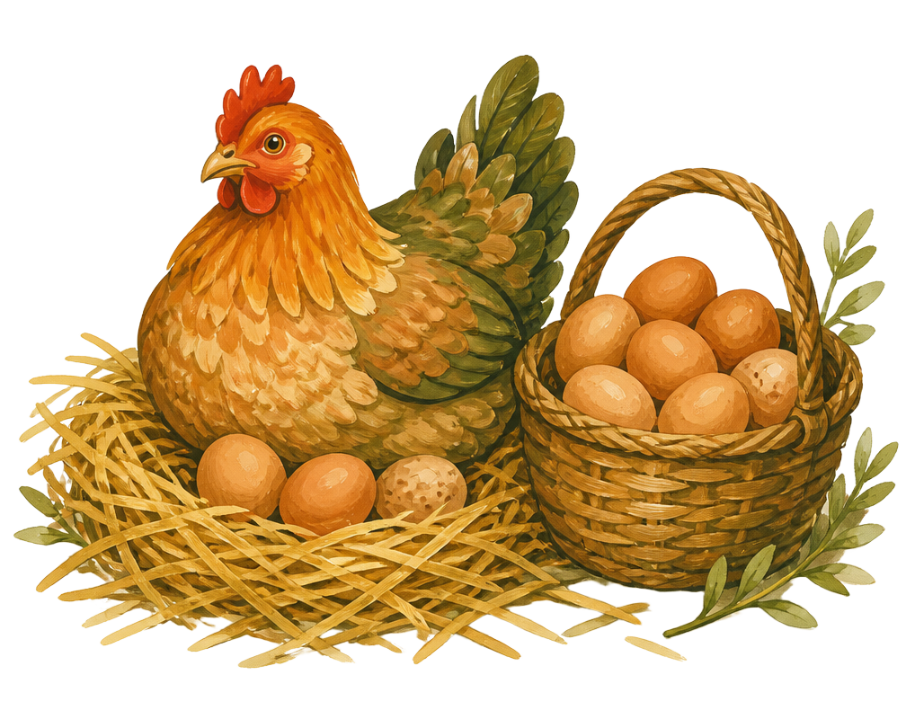 Painterly illustration of a hen on a straw nest beside a woven basket of brown eggs