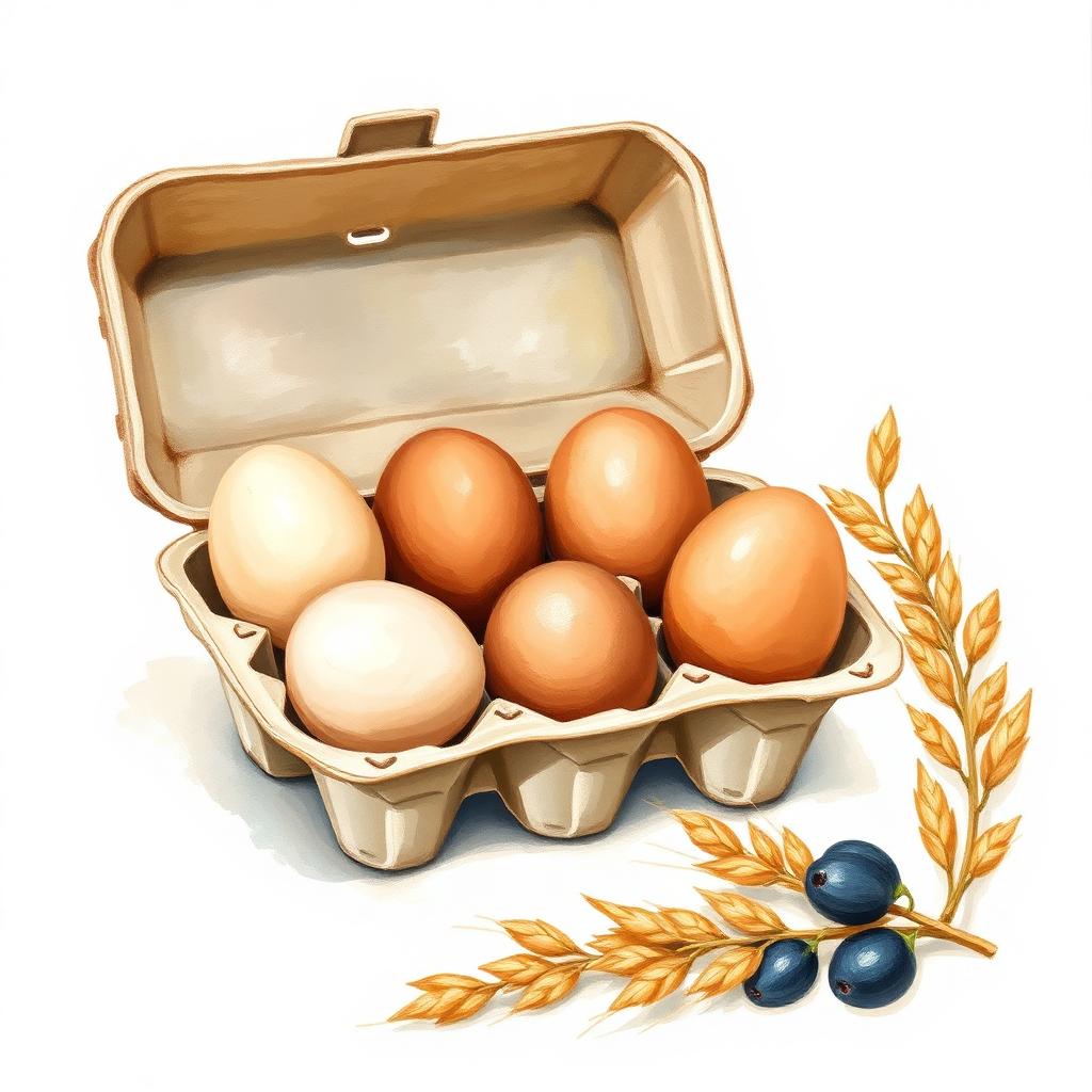 An open egg carton with brown eggs, wheat and olives